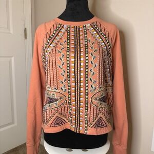 Women's Akemi & Kin Boho Embroidered Orange Pullover Beaded Long Sleeve SZ S